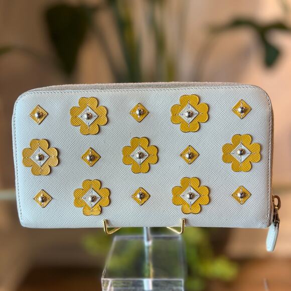 PRADA Continental Floral Appliqué Saffiano Leather Wallet - Picture 2 of 14